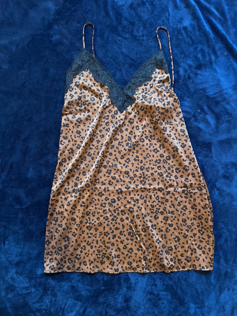 Auden Tan Leopard Print Satin Chemise with Black Lace Trim